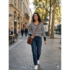 NWT STYLUS Black White Striped Chic Tee V Neck Long Sleeve Cotton Modal Women XS